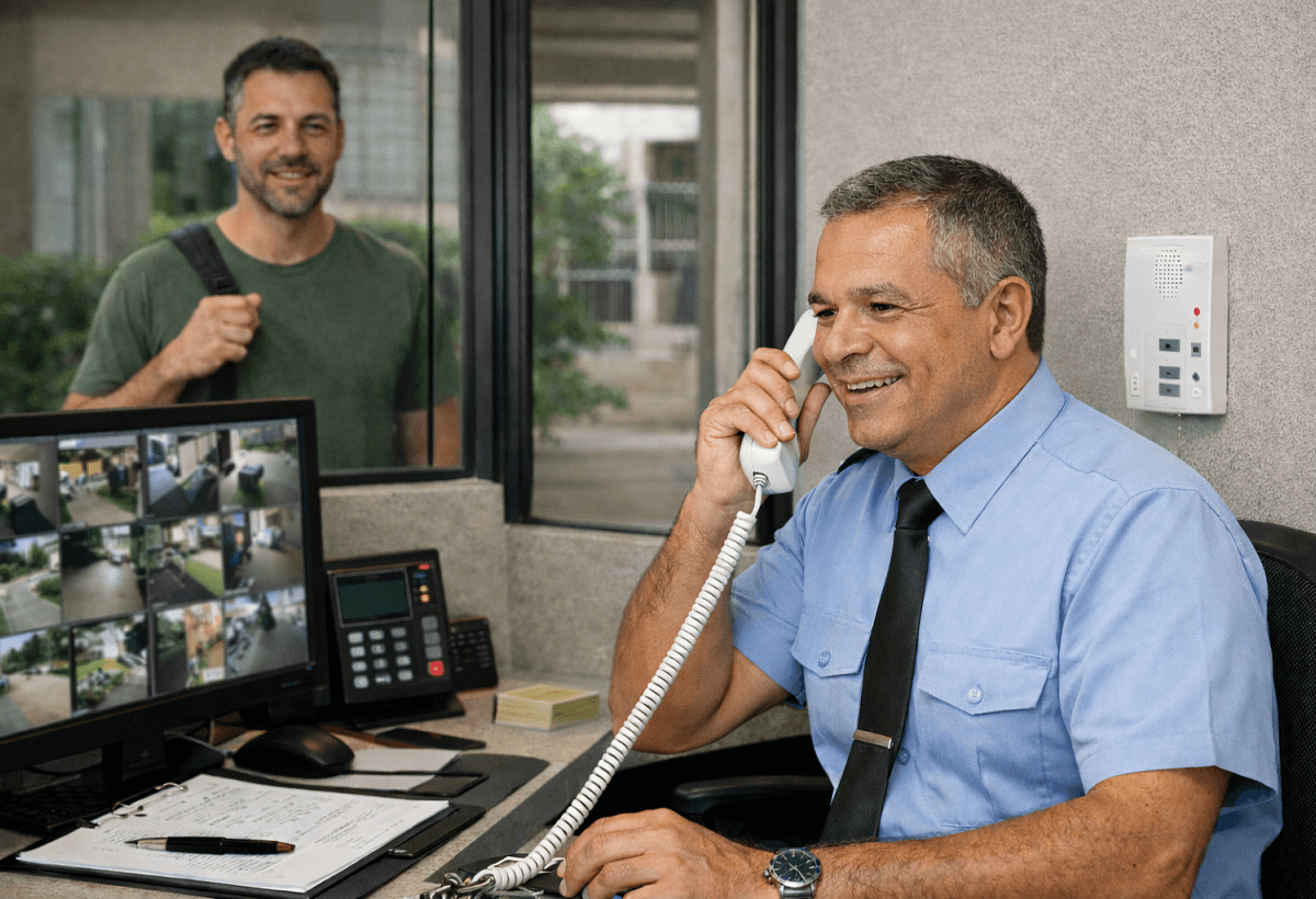 porteiro atendendo visitante