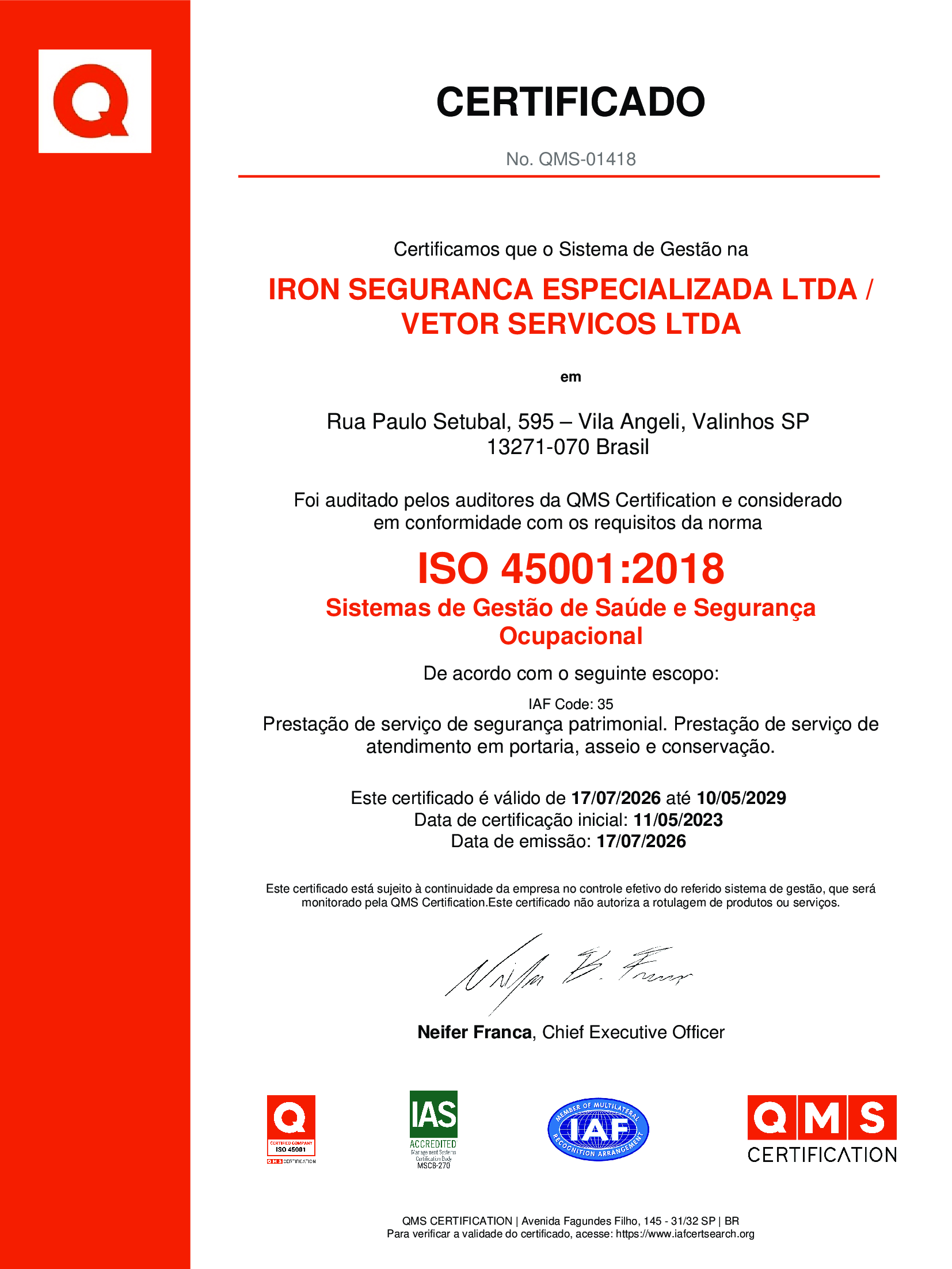 Grupo Iron Certificado ISO 45001 em Segurança do Trabalho