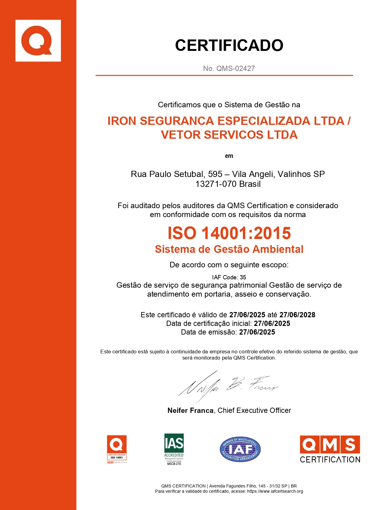 Grupo Iron Certificado ISO 14001 em Segurança do Trabalho